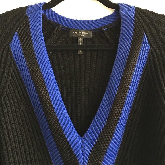 Rag & Bone Black Blue Deep V Neck Talia Sweater - Picture 3 of 8